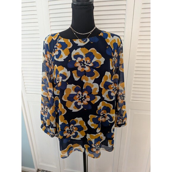 Cabi Blouse Women’s M Blue Yellow Floral Chiffon Lydia Top Cottagecore Career - Picture 1 of 13